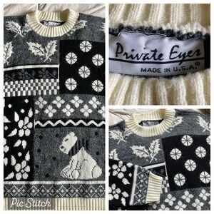 Vtg 80s 90s Private Eyes Crew Sweater Womens L Acrylic Bear Flower Leaf Gray EUC